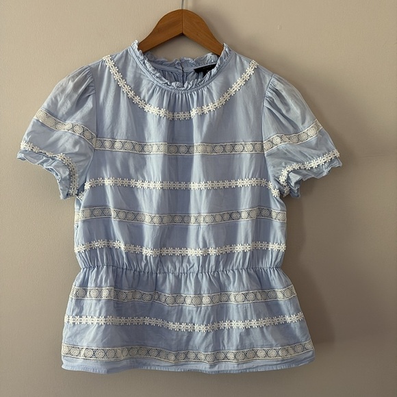 J. Crew Daisy-chain peplum top puff sleeves blue and white size - Picture 3 of 11